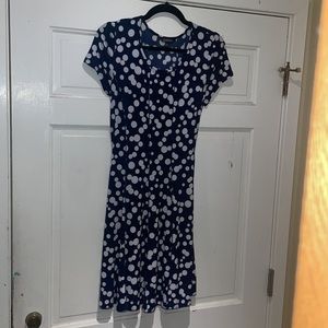 Navy w/white polka dot dress.